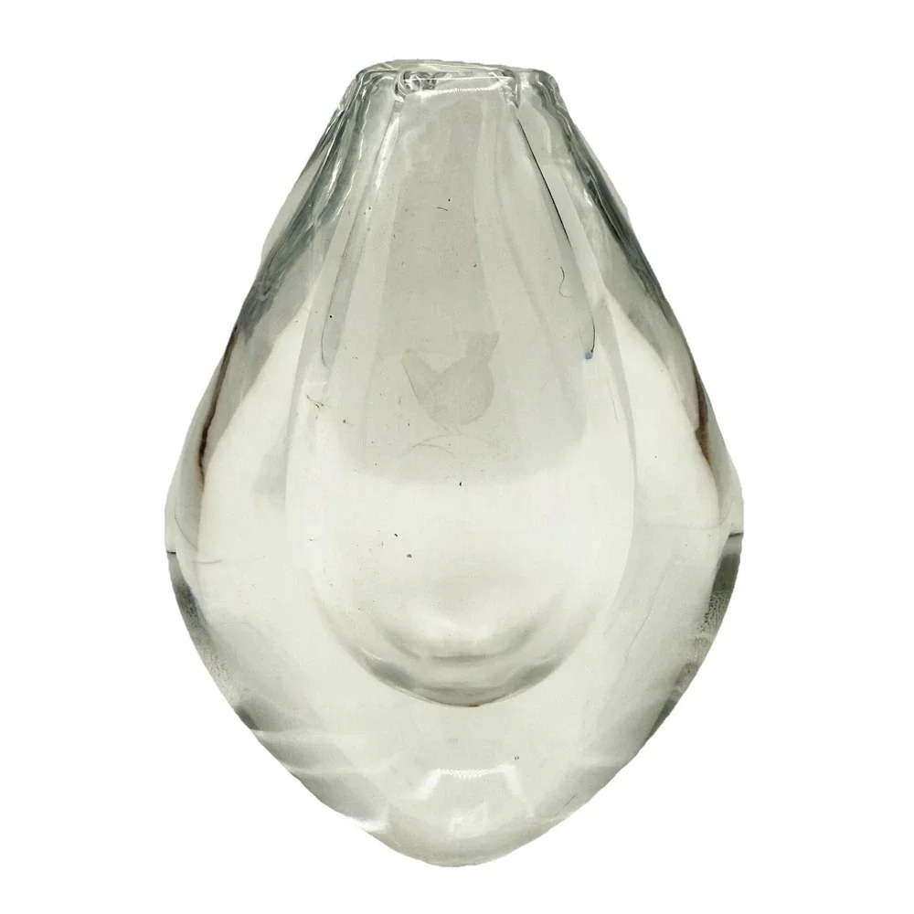 Vintage Orrefors Crystal Bud Vase Signed Scandinavian Art Glass Etched Bird